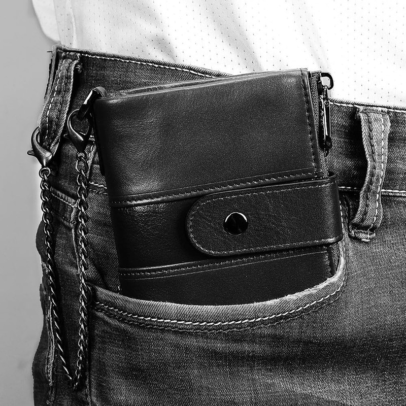 DUXIAOSHA Men's Genuine Leather Wallet, Bi-Fold Wallet, Wallet with Chain,