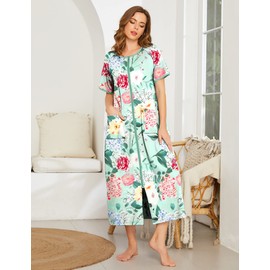 Ekouaer Women Robes Zipper Front Short Sleeve Full Length Housecoat with Pockets Loungewear Green Flower,4XL