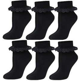 CHAAL® 6 Lace Frilly Socks Girls Frilly lace Socks, Girls Back to school socks Girls Party Wear Uniform Comfort Socks Girls Ankle lace Socks Size 12-3 Black