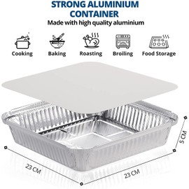 Pack of 200 - Disposable Square Aluminum Container Pans with Lids | Bulk Foil Trays with Lids for Baking, Cooking, Meal Prep, Takeaway, Storing & Freezing - 22.9 x 22.9 x 5.1 cm (9" x 9")