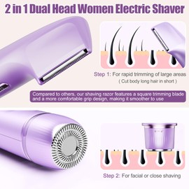 Bikini Trimmer for Women 2 in 1, Dual Head Womens Electric Shaver, Electric Razors for Pubic Hair, IPX7 Waterproof Rechargeable Facial Hair Removal for Shaving Underarm Leg Arm Face Body, Purple