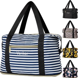 Vankor Expandable Travel Duffle Bag for Travel, Foldable Carry on Tote Bag Weekender Overnight Hosptital Bag for Men Women Lightweight Luggage Maternity Bag Blue White Stripe