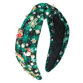 Gmmidea Christmas Plaid Headbands for Women Girls Jeweled Xmas Knotted Headband Pearl Rhinestone Red Green Plaid Hairband Festive Christmas Headpiece Xmas Outfits Accessories