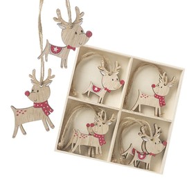 8 Wooden Reindeer Christmas Tree Decorations, Novelty Flat Christmas Baubles, Hanging Decorations, Rudolf Decorations, Boxed Decorations