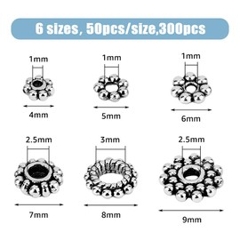 HOBBIESAY 300Pcs 6 Styles Tibetan Alloy Spacer Beads Antique Silver Bead End Caps Snowflake Daisy Metal Jewelry Rondelle Gear Bicone Loose Beads for Bracelet Necklace Making