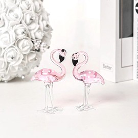 LONGWIN Hand Blown Glass Mini Flamingo Figurines - 2 Pcs/Pair Hand Made Art Glass Flamingo Animal Sculpture Collectible Figurine Home and Wedding Centerpiece Decor Gift Idea
