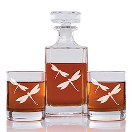 Abby Smith Dragonfly Engraved Decanter and Rock Glasses, Set of 3