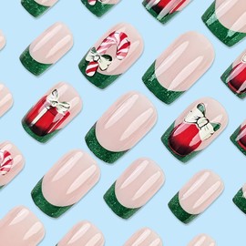 Caiguoer 24 Stück Weihnachten Falsche Nägel Rot Kurz Quadrat Falsche Nägel Santa Schneeflocke Elk Press Auf Nägeln Für Frauen (E)