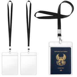 3 Pack Extra Large Passport Holders with Lanyards, Clear ID Badge PVC Card Holder, 4 X 5.5 Inch Waterproof Passport Cover Sleeve Protector for Cruise Plane Credit Card Ticket (Black)