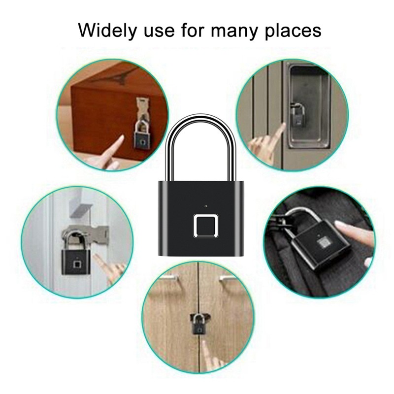 Door Lock Security Keyless USB Rechargeable Fingerprint Smart Padlock Black