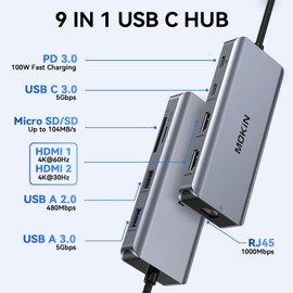 Docking Station Dual Monitor, 9 in 1 USB C Hub Ethernet with Dual HDMI 4K, RJ45, 100W PD, 5Gbps USB C&A 3.0, SD & MicroSD, USB C Dock Ethernet to Dual Display, Dual HDMI Adapter for
