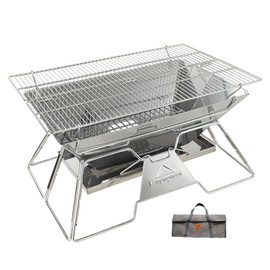 CAMPINGMOON Portable Camping Fire Pit Stainless Steel Foldable Collapsible BBQ Grill Wood Burning Charcoal 20x13-inch with Carrying Bag MT-3