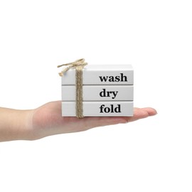 Mini Wood Book Stack for Tiered Tray Decor, Wash-Dry-Fold Sign, Laundry Room Decor, White