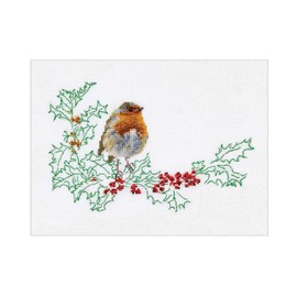 Thea Gouverneur - Counted Cross Stitch Kit - Winter Robin Bird - Aida - 16 count - Embroidery Kit for Adults - DMC Embroidery Threads and other Cross Stitch Supplies Included - 790A