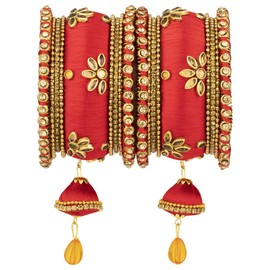 Aheli Royal Design Faux Stone Studded Silk Thread Bangle Chudha Set with Jhumki Tassel Hanging Indian Wedding Wear Fashion Jewelry Gift for Women Red