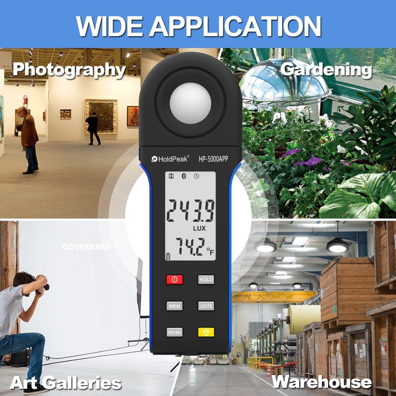 H HOLDPEAK Luminosit 400,000 Lux 5000 APP Digital Light Meter