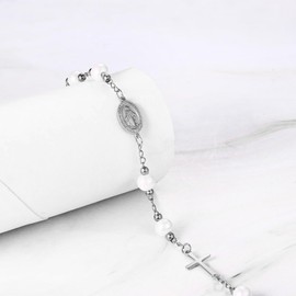Flongo Rosary Bracelet Gold Silver with Cross Pendant Benedict Medal Stainless Steel Christian Car Arm Chain White Beads Rosary Bracelet Gift for Men and Women, Stainless Steel