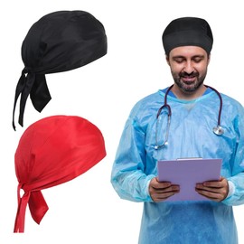 Adjustable Working Tie Back Scrub Caps Head Wrap Men and Women (Black + Red)