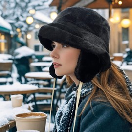 Croogo Bucket Hats for Women Cold Weather Warm Hat with Ear Flaps Black Fuzzy Hat,Black-FHWP2402