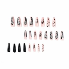 MERVF Long Press on Nails Coffin Fake Nails Black French Tip Ballerina Acrylic Nails with Butterfly Designs 24pcs Glossy Glue on Nails for Women and Girls