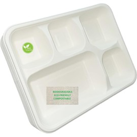 Pack of 25, 5 Compartment Large Premium Quality Strong Plates 30cm x 20cm, Super Rigid Bagasse Plates Biodegradable ECO Friendly Dinner Plates PERFECT FOR LUNCH, DINNER USE BIRTHDAY CHRISTMAS PARTY
