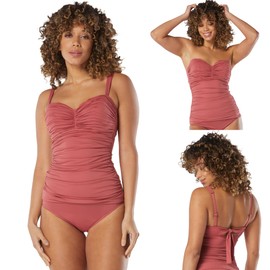 COCO REEF Bra Sized Tankini Top — Charisma Strapless Shirred Swim Top, Lava Coral, 40C