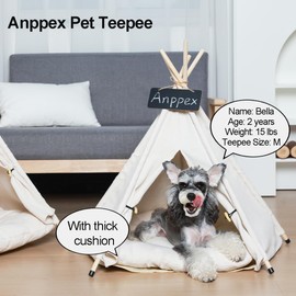 ANPPEX Dog Teepee,24in Cat Tent Teepee with Thick Cushion,Washable Pet Tent Teepee Dog Bed Cat Tent House,M Size for Small Dogs,White