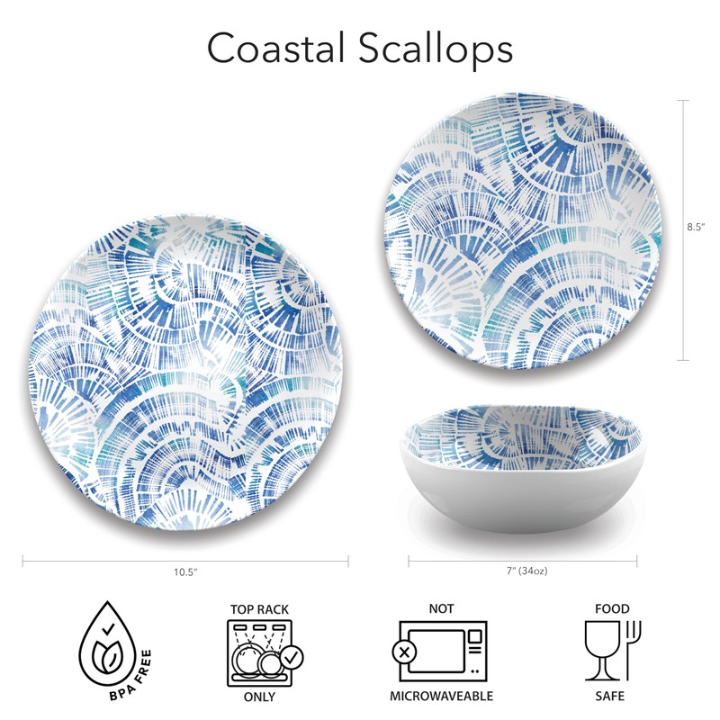 Abode Homewares Coastal Scallops Salad Plate, 10.5”, Pure Melamine, Indoor/Outdoor,