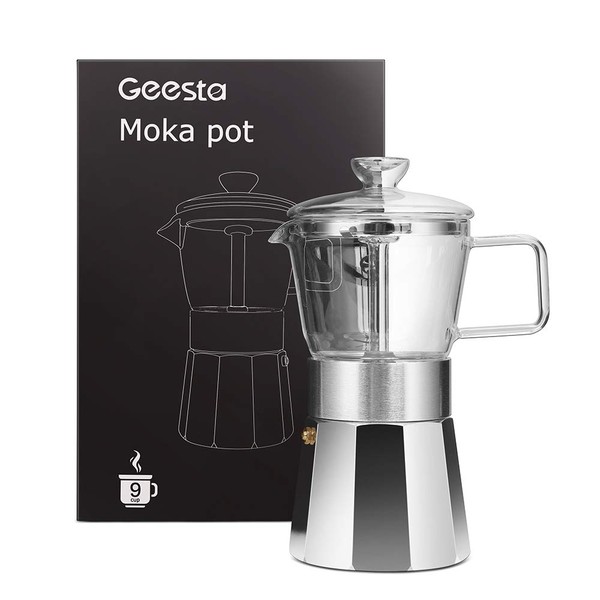 Geesta Premium Crystal Glass-Top Stovetop Espresso Moka Pot - 9 cup - Coffee Maker, 360ml/12.7oz/9 cup (espresso cup=40ml) Gift Idea for Husband Wife