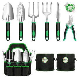 DMIMIA Garden Tool Set, 10 Pieces Heavy Duty Gardening Tools Kit with Plant Grow Bags and Garden Tote Bag for Tools, Gardening Gifts for Women and Men,No-Rust,No-Bend