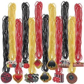 SAYAYA 48 Pieces Casino Night Beaded Necklaces Set Dice Poker Dollar Sign Necklaces Casino Theme Party Beaded Necklaces Gold Red Black Beaded Necklace for Casino Party Favors Game Night Decor
