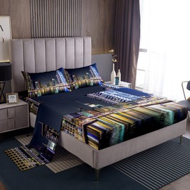 Loussiesd New York City American Style City View Fitted Sheet Set 4 Pieces Includes 1 Flat Sheet and 1 Flat Sheet with 2 Pillow Cases Soft Double