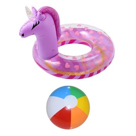 1 Rainbow Horse Swimming Ring, 1 6-Colour Water Ball, Inflatable Swimming Ring, Floating Swimming Ring with Glitter Sequins, Fantasy Swimming Ring for Children, Summer Swimming Pool Accessories