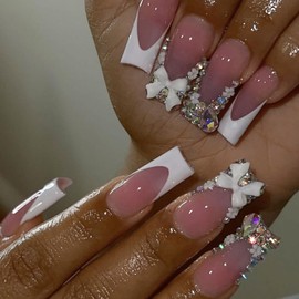 24pcs Long Press on Nails Coffin Nails Shiny with Charms French luxury Fake Nails Bow Flower Designs Cute Press ons Rhinestone Nails White French False Nail Tip Artificial Nails Finger Manicure