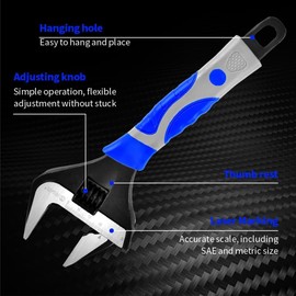 8-inch Wide Jaw Adjustable Wrench - Wide Mouth Crescent Wrench for Plumbing & DIY Tasks, Dual Metric & SAE Scale, Comfortable Soft-Grip Handle for Precision & Control