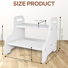 Wooden Step Stool for Kid Toddler, Potty Training for Children with 2 Built-in Handle 300lbs Load Capacity, Acacia Foot Stool Helps Your Kid Independently for Brushing, Grabbing Things (White)