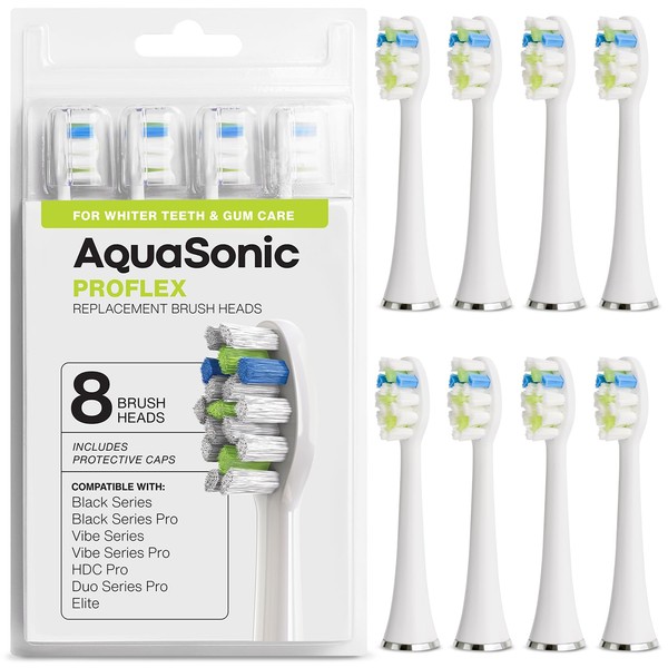 AquaSonic Proflex Replacement Brush Heads | for Whiter Teeth & Gum Care | Compatible with Many AquaSonic Toothbrush Handles (8 Pack White)