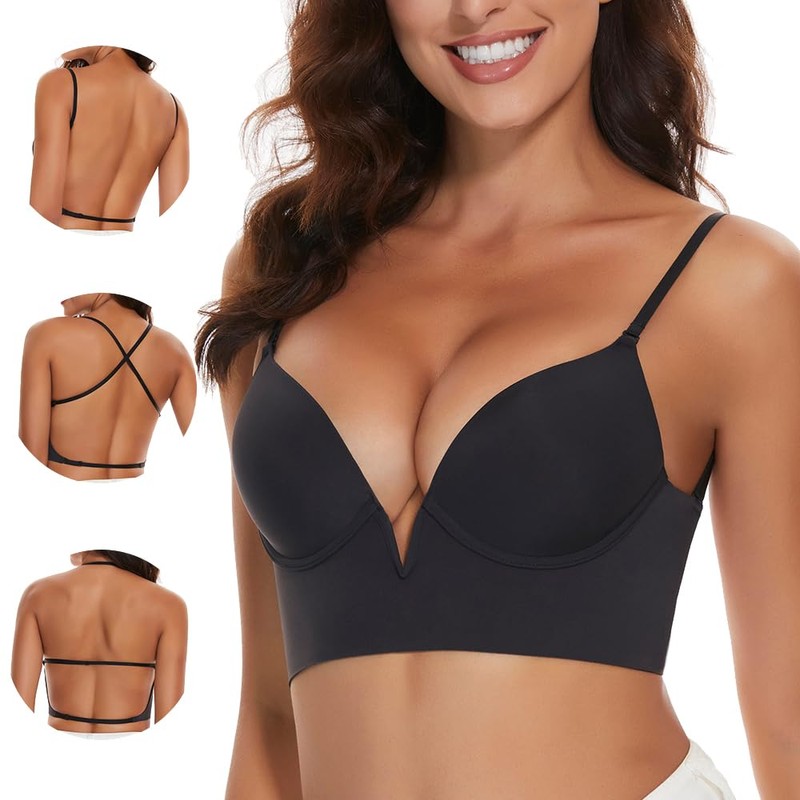Vinperfor Women Low Back Bra Invisible Backless Bras Lightly-Lined Deep-V