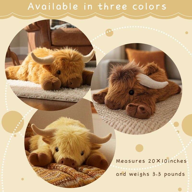 Highland Cow Plush Toy, 4-Pound Weighted Stuffed Animal, Microwaveable and