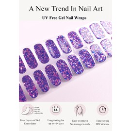 LIFOOST Glitter Gel Nail Polish Strips Blue Purple Nail Art Stickers 22 Pcs Waterproof Full Gel Wraps for DIY Summer Nail Art