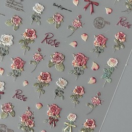 Valentine's Day Nail Stickers Rose Flower Nail Art Stickers Bow Rose Nail Decals 5D Embossed Nail Supplies Flower Ribbon Nail Accessories Valentine Nail Art Decals for Women Girls Nail Art Decorations