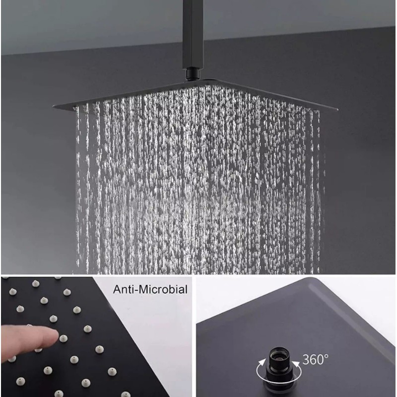 Meer Regadera Cuadrada Tipo Lluvia Acero Inox 20cm Negra Mate