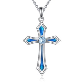 Cross Necklace for Women Men 925 Sterling Silver 5A CZ March Birthstone Necklaces Jewellery Gifts for Christmas, Birthday or Anniversary (C.Blue-March-Aquamarine)