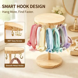 Yomjarl Wooden Headband Holder Stand, Hair Accessories Organizer for Girls Women, Jewelry Display Rack with Gold Hooks for Bows, Bracelets, Necklaces, Scrunchies, Vanity Dresser Storage Bullet Points