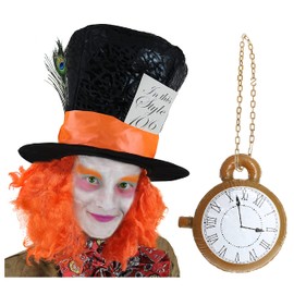 Adults Crazy Tea Party Host Accessory Set - Black Top Hat with Attached Orange Hair and Jumbo Inflatable Clock on Chain - Adults World Book Day Book Week Fancy Dress Costume