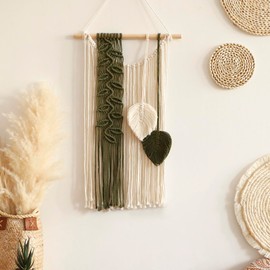 Macrame Leaves Tapestry Wall Decor- Bohemian Woven Tapestries Green Leaves Wall Art, Large Boho Tassels Hanging Ornament Western Room Decor for Bedroom Living Room Dorm