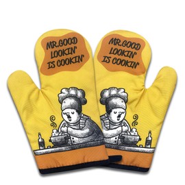 NAHMAKNE 2 Pack Funny Oven Mitts for Men, Mr Good Lookin' is Cookin', Heat Resistant Silicone Non-Slip Mitts, Birthday for Dad Husband, Humor Grilling Cooking Gifts for Chef Friend
