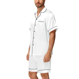 DIKFA Men Silk Satin Pajamas Set Short Sleeve Loungewear 2 Piece Sleepwear Button Down Casual Nightwear White
