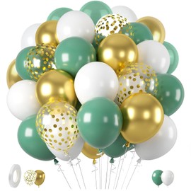 Balloons Green Gold, Pack of 60 Green Balloons Wedding Balloons Gold White 12 Inch Olive Sage Green Gold, for Jungle Safari Birthday Baby Shower Wedding Graduation Party Decorations