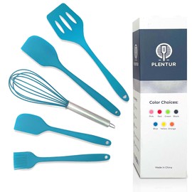 Plentur Silicone Spatula Set Kitchen Utensil Set - Heat Resistant, Non Stick, BPA-Free, Dishwasher Safe - Essential Silicone Cooking Utensils for Home Kitchen Supplies - 5 Item Utensil Set (Blue)